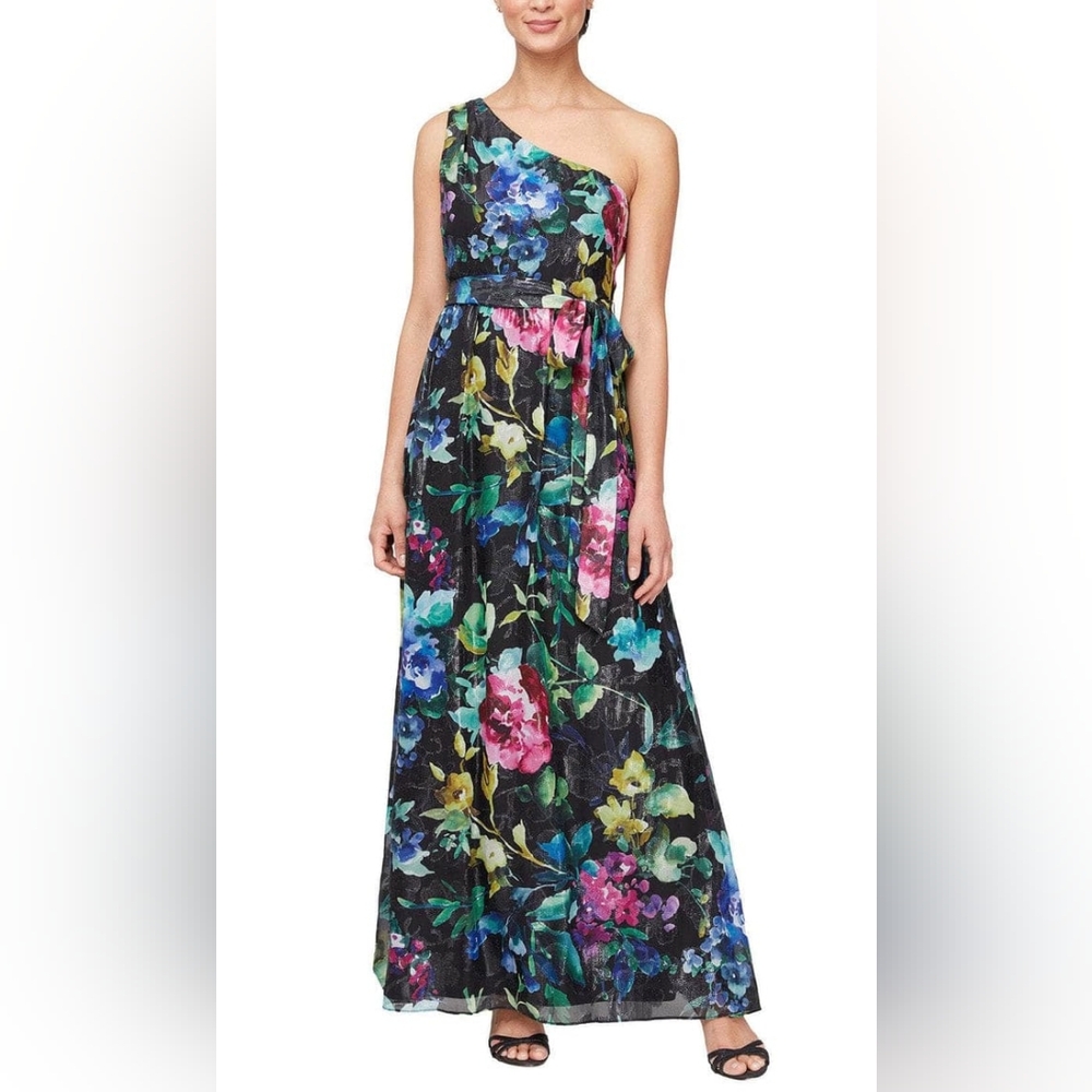 SLNY Maxi Dress Black Multi Color One Shoulder Sundress Size 16 XL NWT $139.00